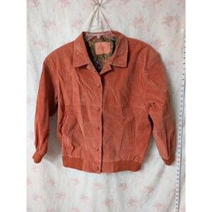 L Vintage 80s Hunt Club Suede Bomber Jacket Floral Lining Terracotta Orange